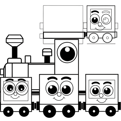 Coloring page showing a train made of geometric shapes including circles for wheels, rectangles for cars, and triangles for details