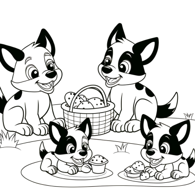 Simple black and white coloring page featuring a cute cartoon blue heeler puppy family having a picnic with thick outlines.