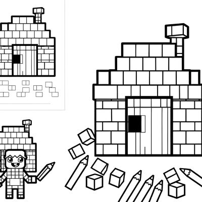 Black and white pixel-style house with a character, coloring page