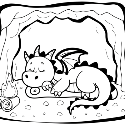 Sleeping dragon surrounded by rocks in a dark cave