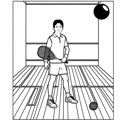 Squash player in a court corner ready to play