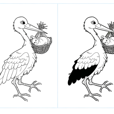Illustration of a stork carrying a baby bundle for coloring.