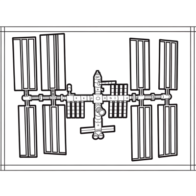 Coloring page illustration of the International Space Station with solar panels orbiting around Earth in space
