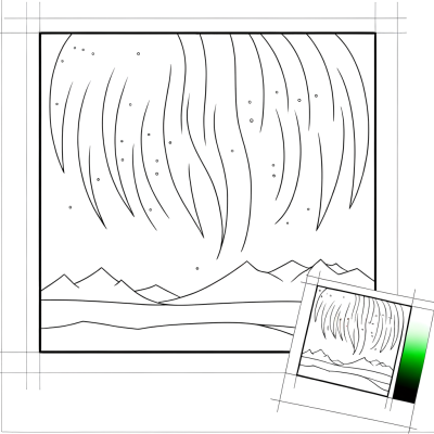 Northern Lights aurora borealis coloring page showing wavy light patterns dancing across a night sky with stars