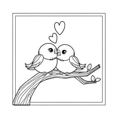 Coloring page of two love birds sitting on a branch.