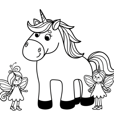 Coloring page of unicorn and fairy friends surrounded by magical scenery.