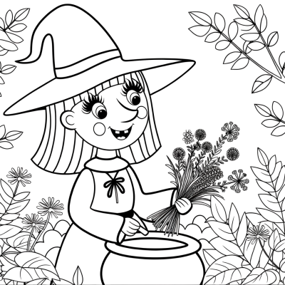 Witch gathering herbs in a forest coloring page