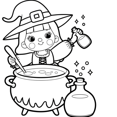 Witch stirring a cauldron potion coloring page