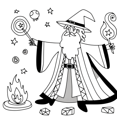 Wizard casting a magical spell coloring page