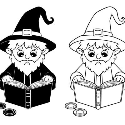 Wizard reading a spell book, coloring page for kids