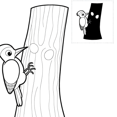 Woodpecker pecking on a tree trunk coloring page